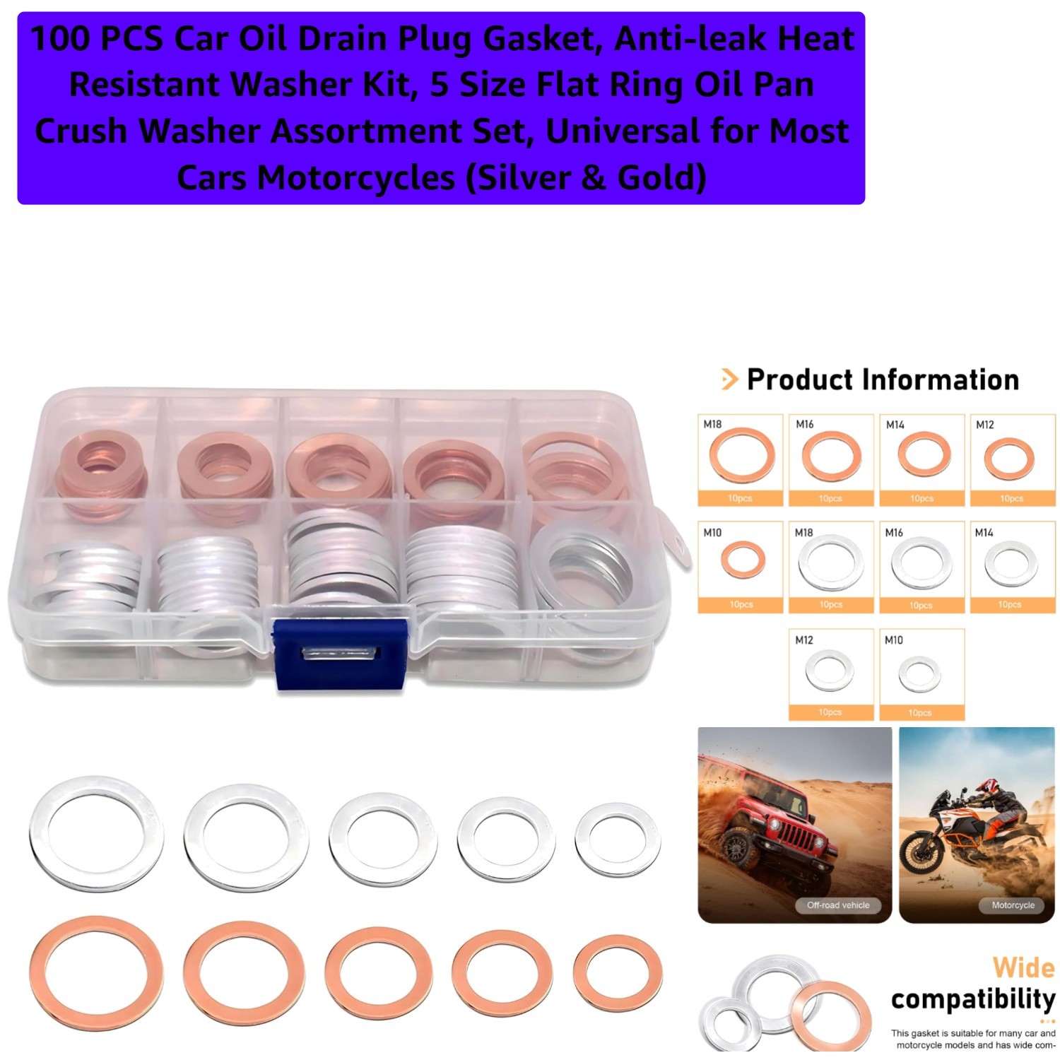 100 PCS Car Oil Drain Plug Gasket, Anti-leak Heat Resistant Washer Kit, 5 Siz...