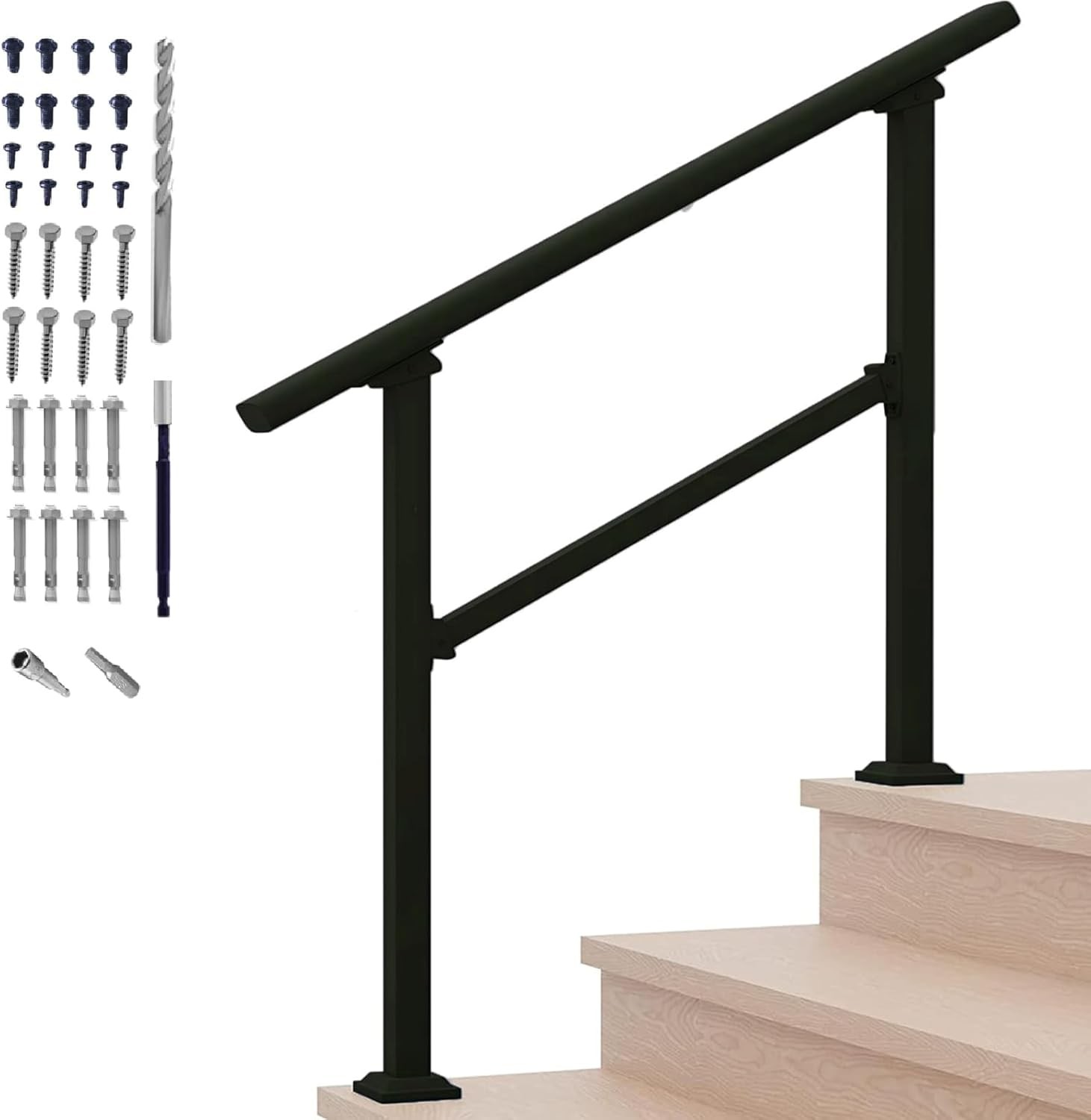 Hand Rails for Outdoor Steps,3 Step Stair Handrail & 3 Step, Black-Straight