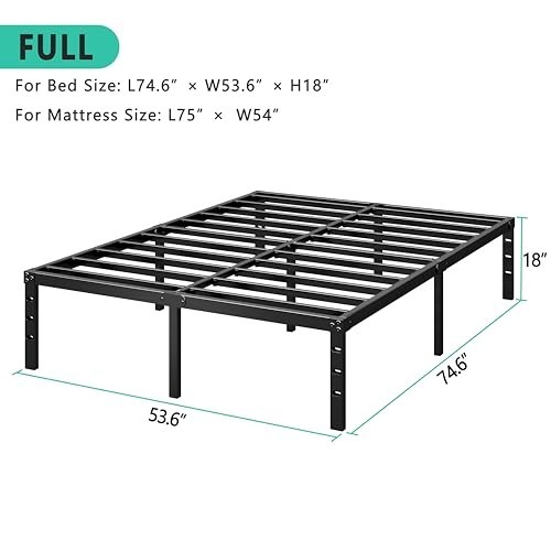 Full Size Metal Platform Bed Frame, 14" Tall, No Box Spring, Heavy Duty Slats, E