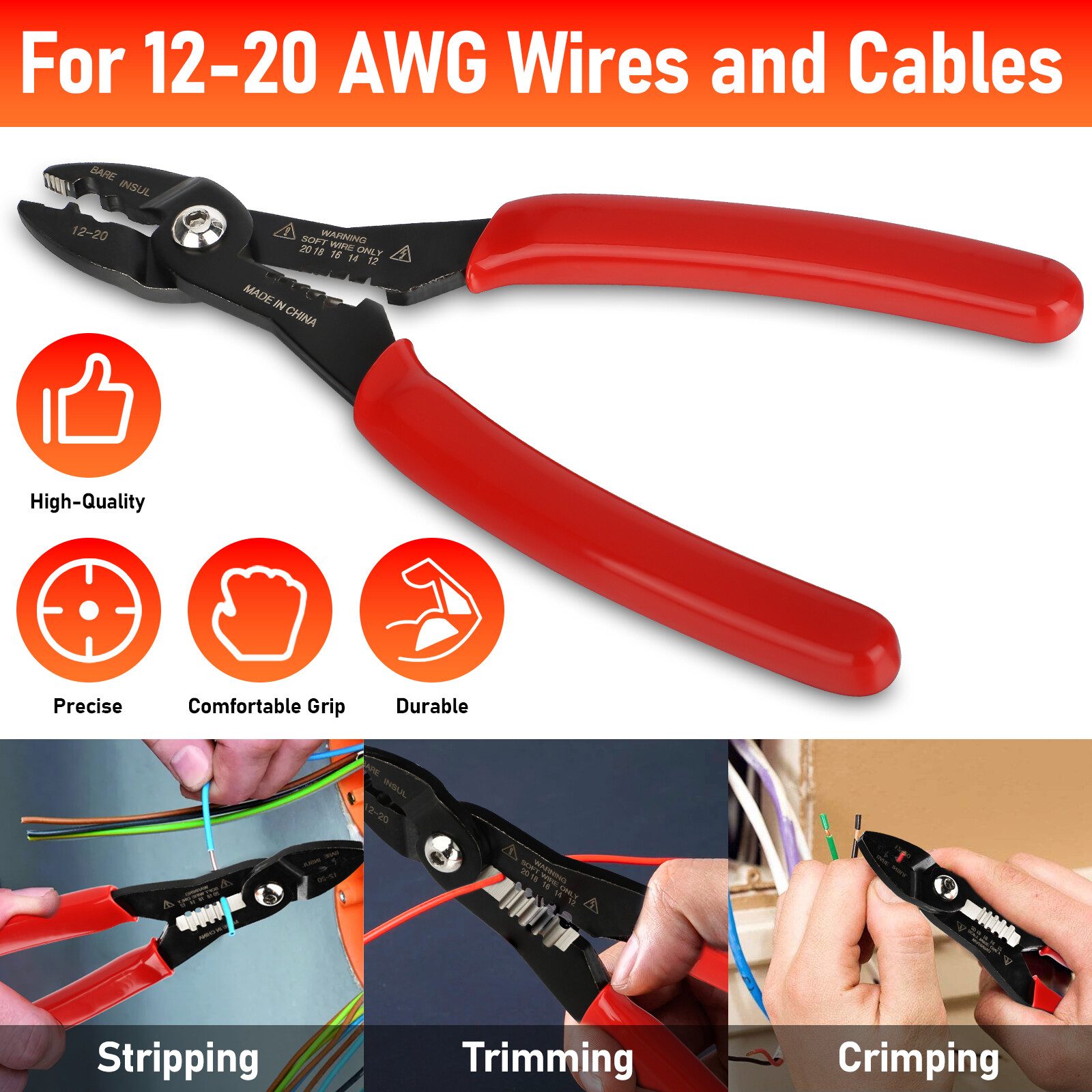 Wire Stripper Electrician's Terminal Crimp Pliers Wire Crimping Tool w/ Cutter
