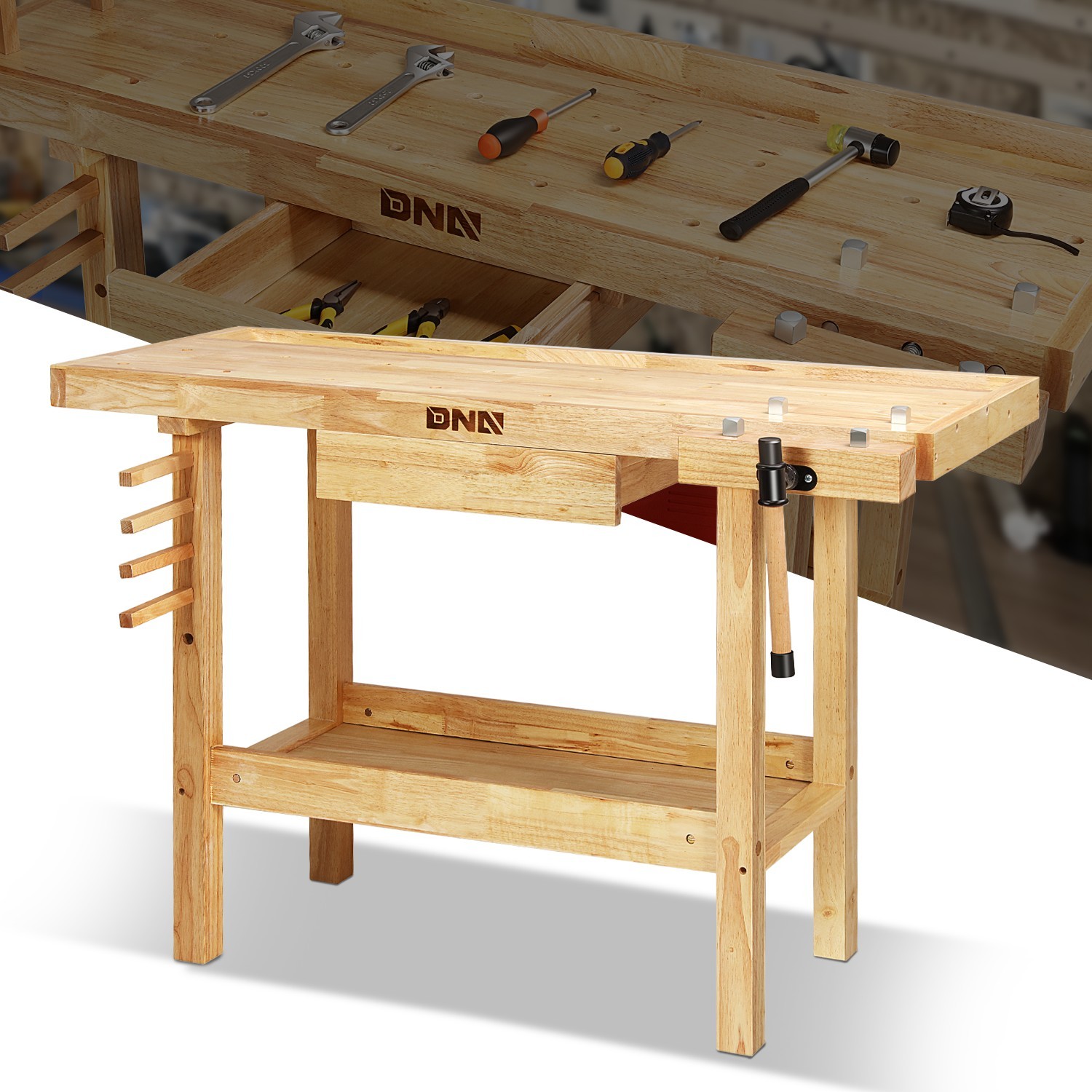 Solid Rubber Wood Workbench Work Desk w/ Drawer + Open Space + Adjustable Handle