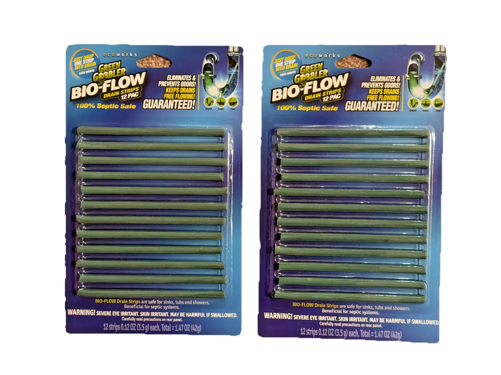 LOT OF 2 Green Gobbler BIO-FLOW Drain Strips Drain Cleaner & Deodorizer