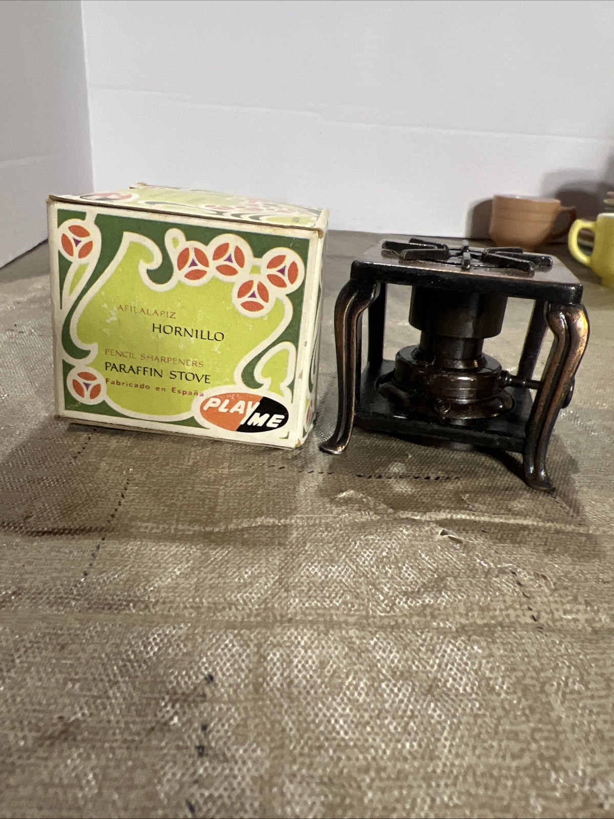 Vintage New Box Play Me Paraffin Stove Pencil Sharpener Miniature Metal Spain