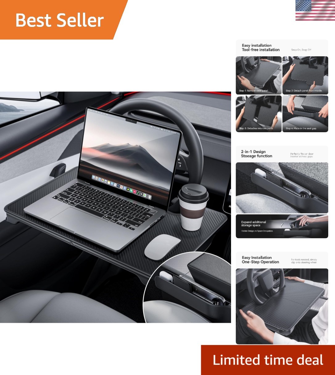 Stylish Carbon Fiber Look 2-in-1 Car Steering Wheel Tray & Gap Filler Organizer