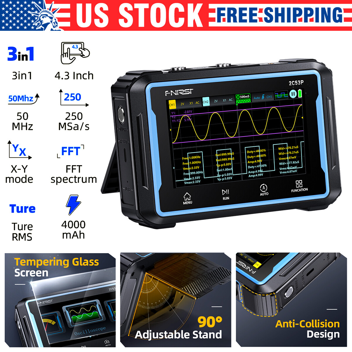 Dual Channel Flat Panel Oscilloscope 4.5 Digit Multimeter Signal Generator 3in1.