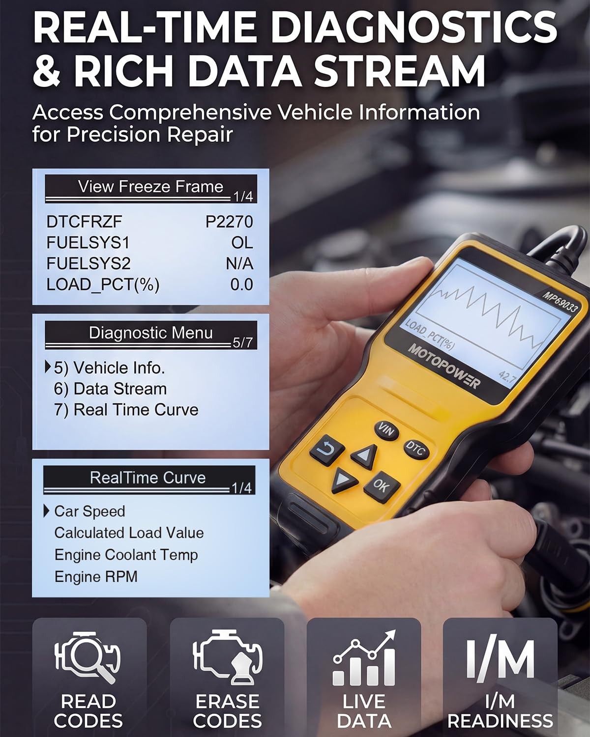 MOTOPOWER MP69033 Car OBD2 Scanner Code Reader Engine Fault Portable, Yellow