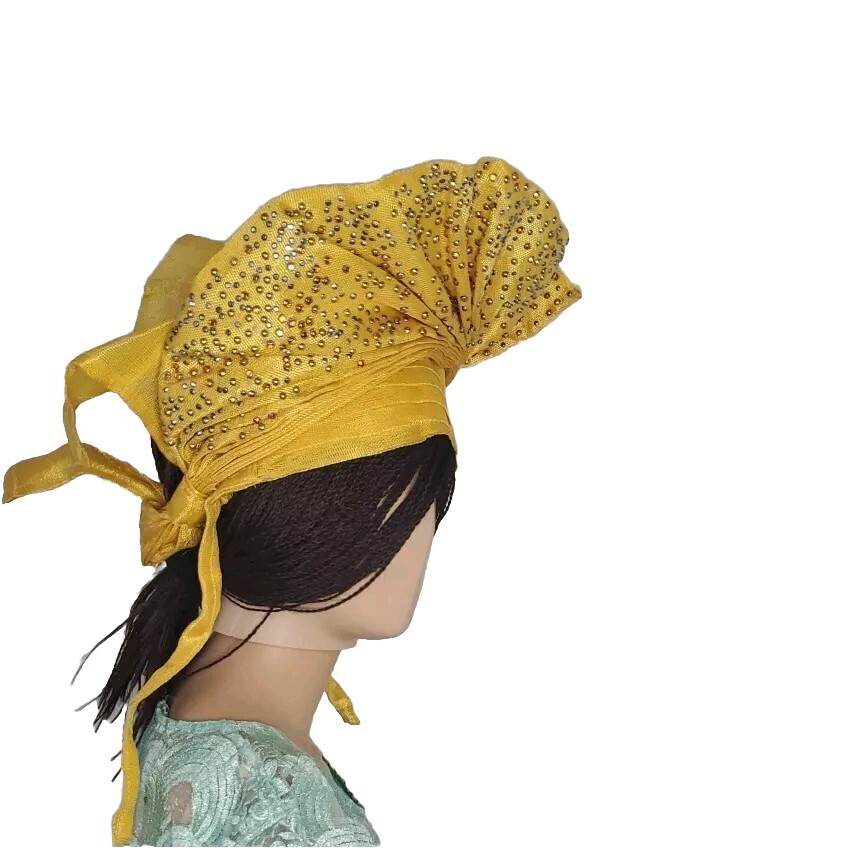 AUTO GELE READY TO WEAR 2 PIECE YELLOW COLOR AFRICAN HEAD SCARF AND WRAP ROUND.