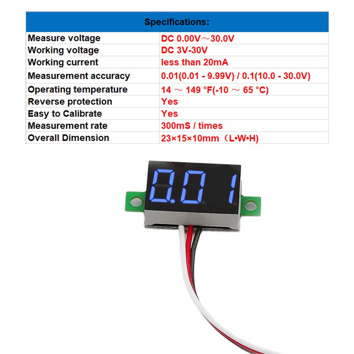 5 Pack Three Wire Calibratable DC 0-30V Blue Digital Mini Voltmeter Set