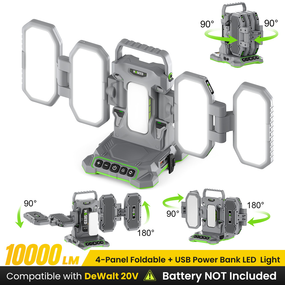 10000LM Cordless LED Work Light for Dewalt 20V Battery With 4 Panel & Mini Light