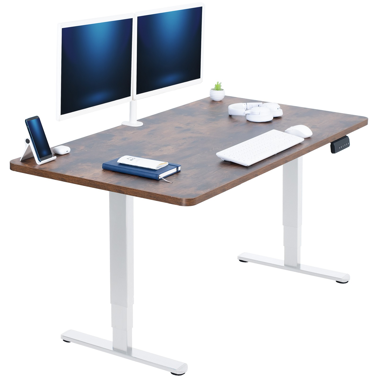 VIVO Electric 55" x 28" Stand Up Desk, Vintage Brown Table Top, White Frame