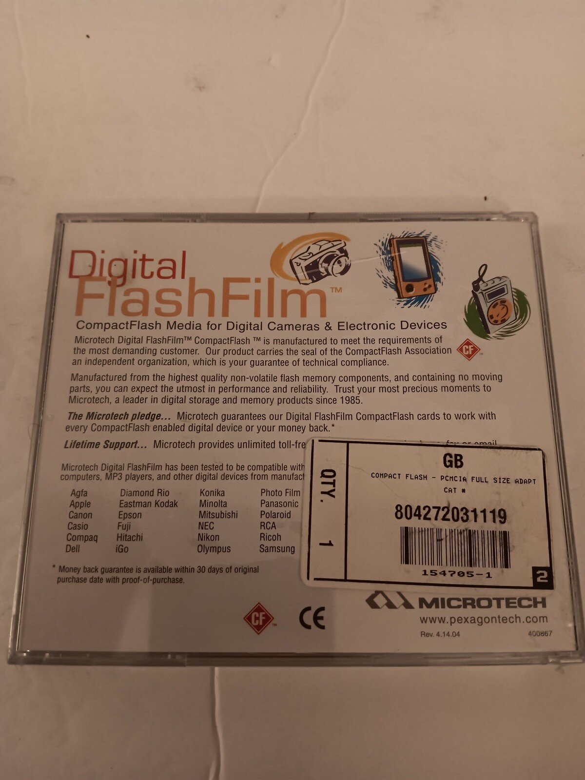 Microtech Digital FlashFilm CFA CompactFlash Adapter CF To PCMCIA Card NOS