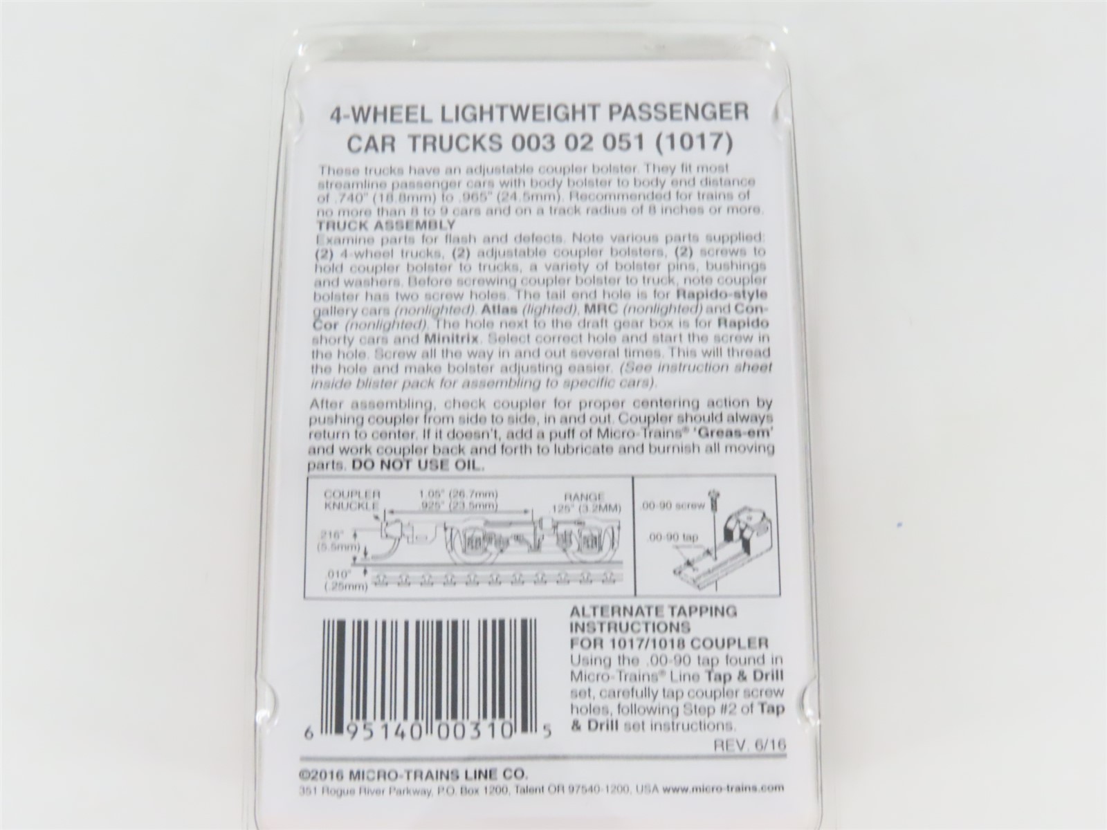 N Micro-Trains MTL 00302051 (1017) 4-Wheel Lightweight Passenger Trucks - 1 Pair