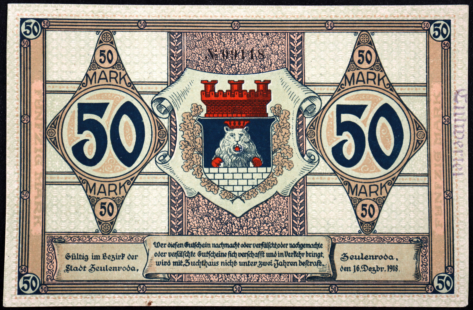 ZEULENRODA 1918 "King Hamster" 50 Mark Grossnotgeld German Notgeld Banknote