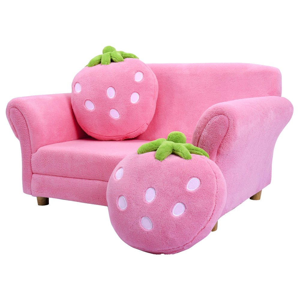 Kids Sofa Strawberry Armrest Chair Lounge Couch W/2 Pillow Children Toddler Pink