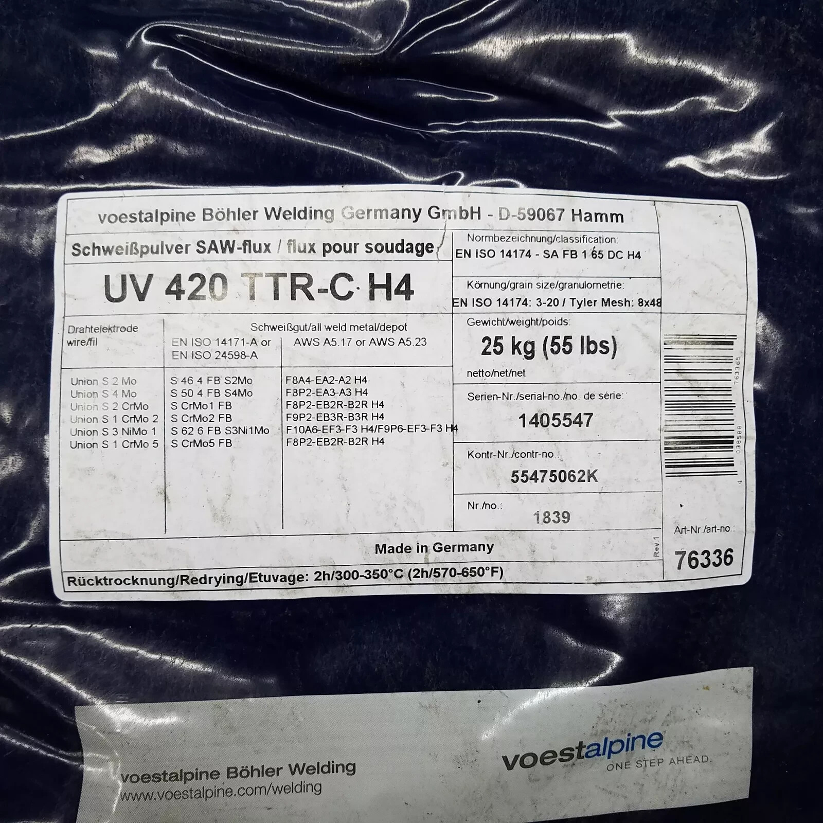 Vestalpine Bohler Welding UV 420 TTR-C H4 Submerged Arc Flux 55 lb Bag, 76336
