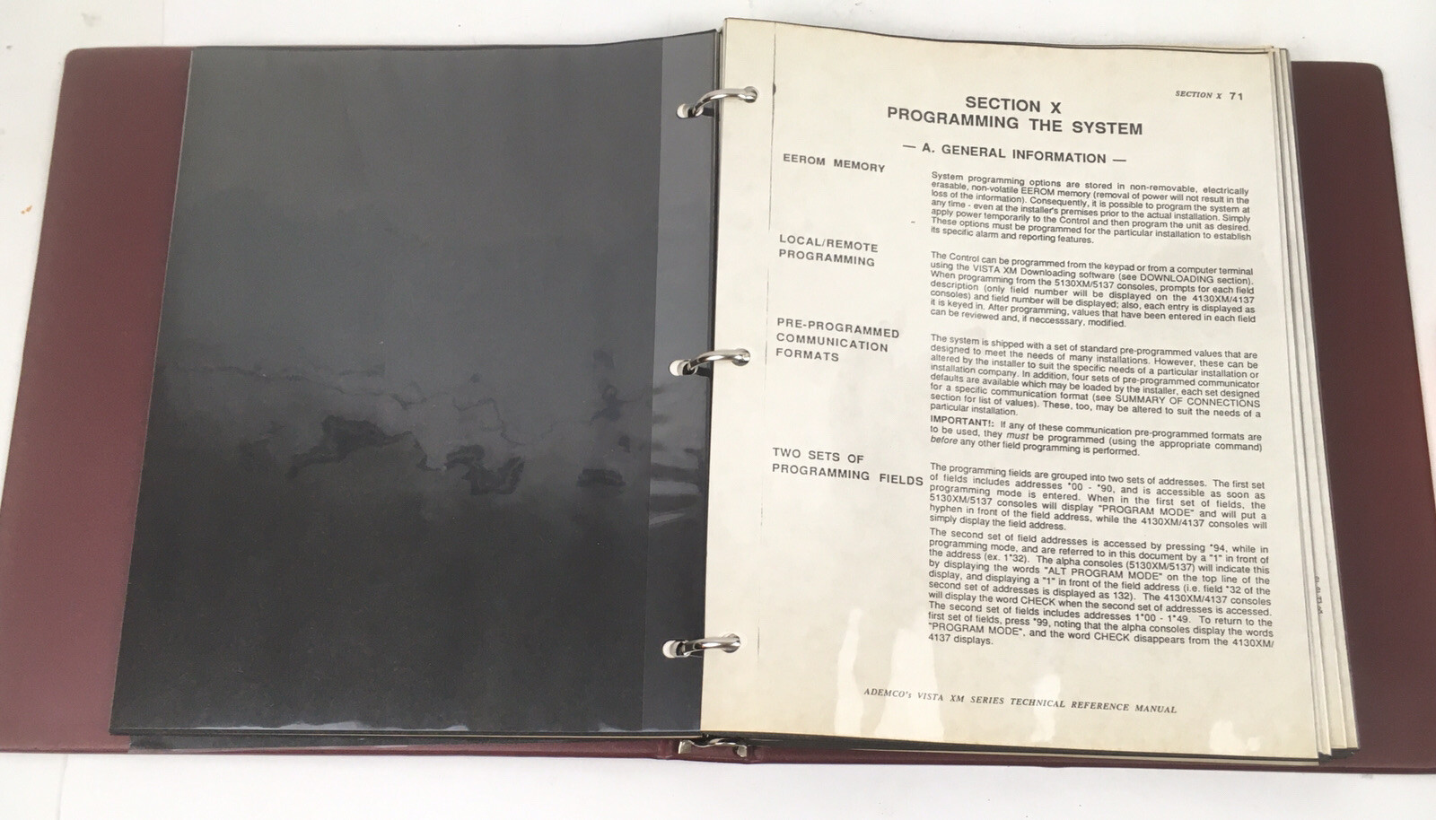 Ademco’s Vista XM Series Technical Reference Manual Papers Security Sys. Binder