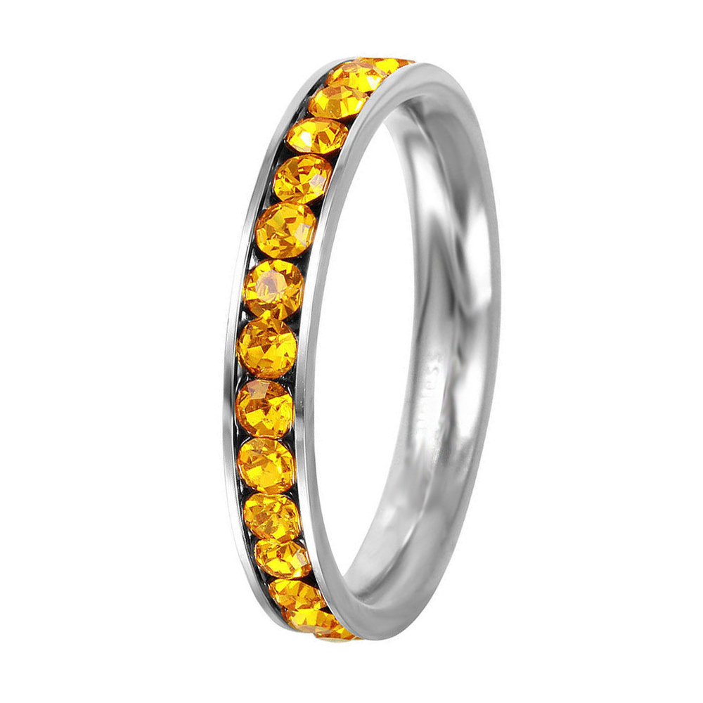 Stainless Steel Eternity Citrine Crystal November Birthstone Stackable Ring 3MM