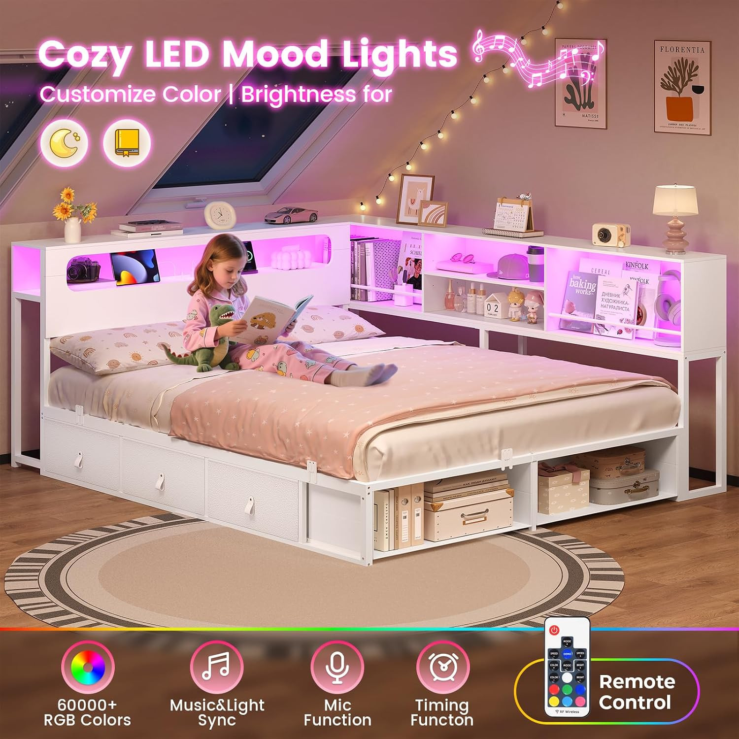 Corner Bed Frame Full Size with Bookcase Storage & Headboard White | RGB Lights,
