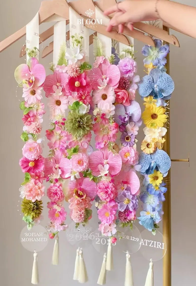 Handmade Floral Graduation Stole, Ribbon & Fabric Flower Lei, Custom Grad Sash