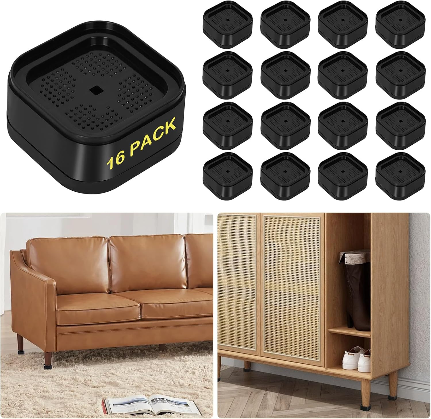 16-Pack Adjustable Furniture Risers 1–3 Inch Heavy-Duty Bed Risers for Couch, De