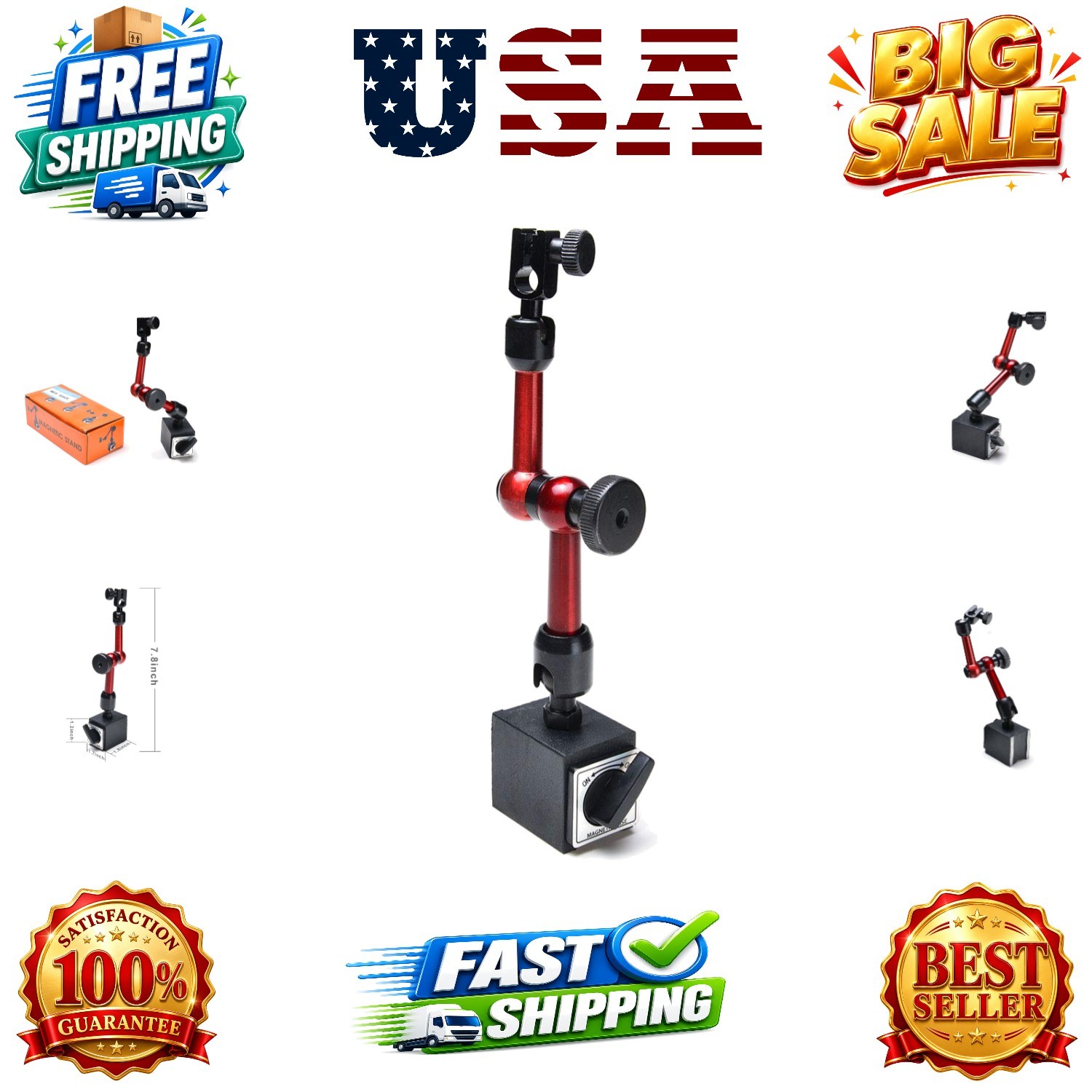 3-Joint Red Adjustable Magnetic Base Holder for Digital Dial Indicator