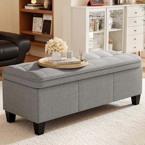 47 Inches Ottoman with Storage, Storage Bench with Linen Fabric Light Gray