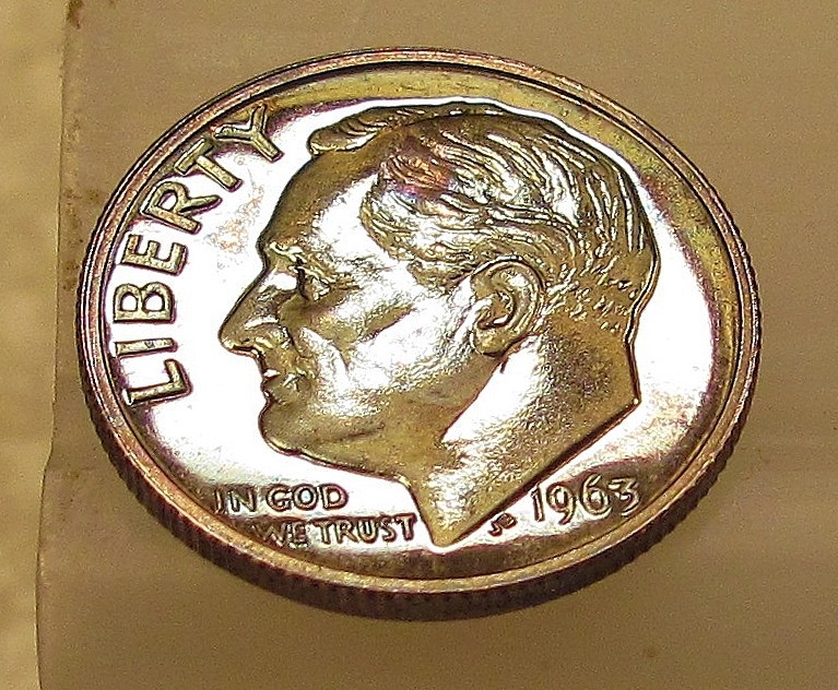 1963 Gem   Proof  Dime 90% Silver  "  MONSTER  COLORFUL  TOING "#419 ~ 8