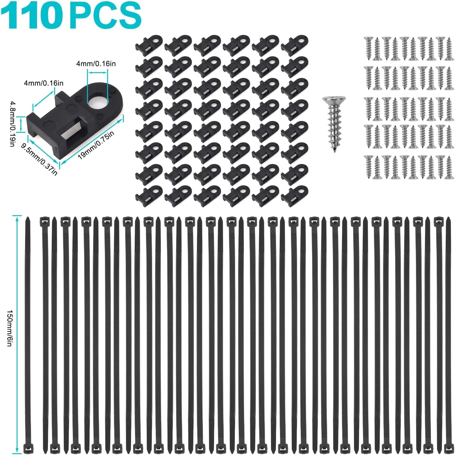 110 Pcs Cable Zip Tie Mounts Wire Cable Clips Organizer Holders with 6" Cable...