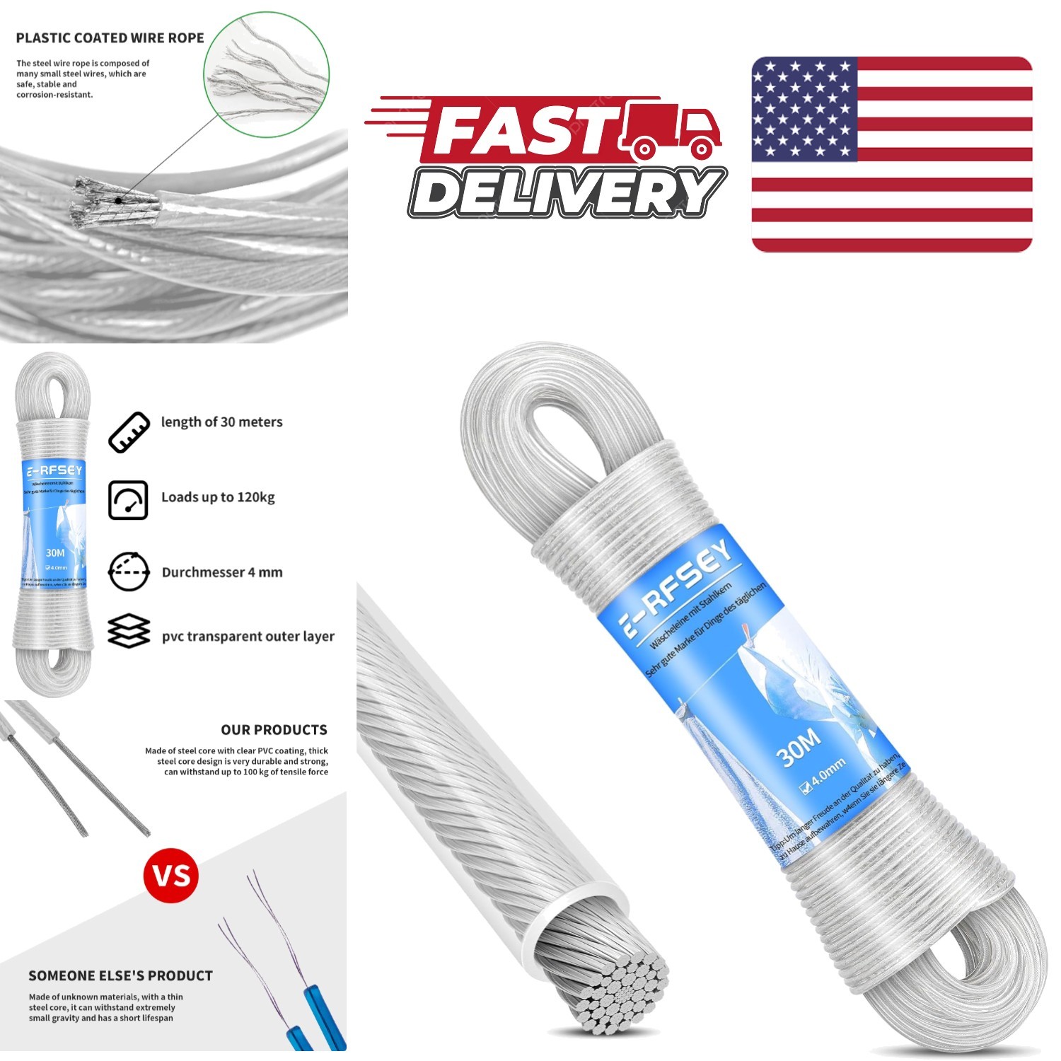Durable Outdoor Clothesline 98 Feet Long Rust Proof PVC Coated for All Weather