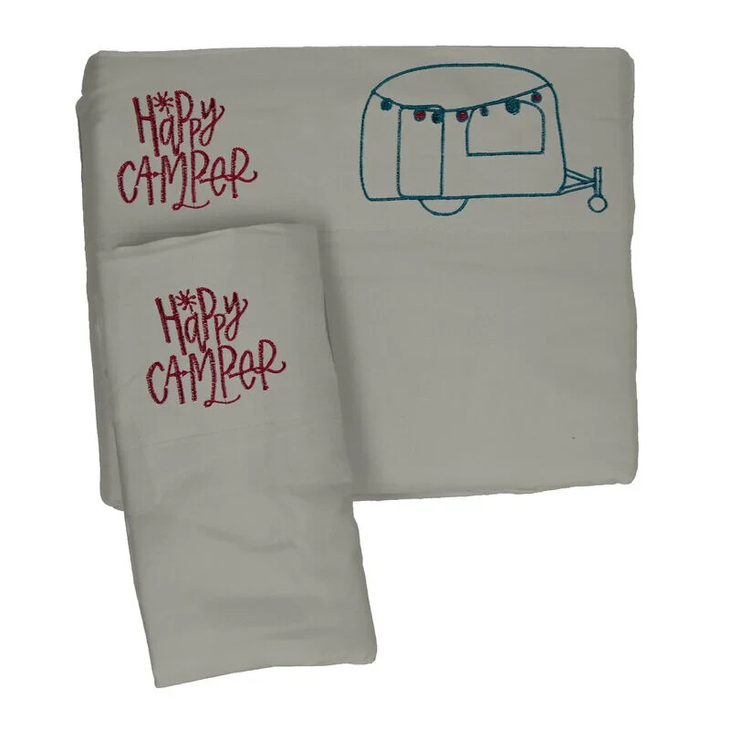RV/Camper Microfiber Embroidered Sheet Set Grey/Teal, "Happy Camper" Choose Size