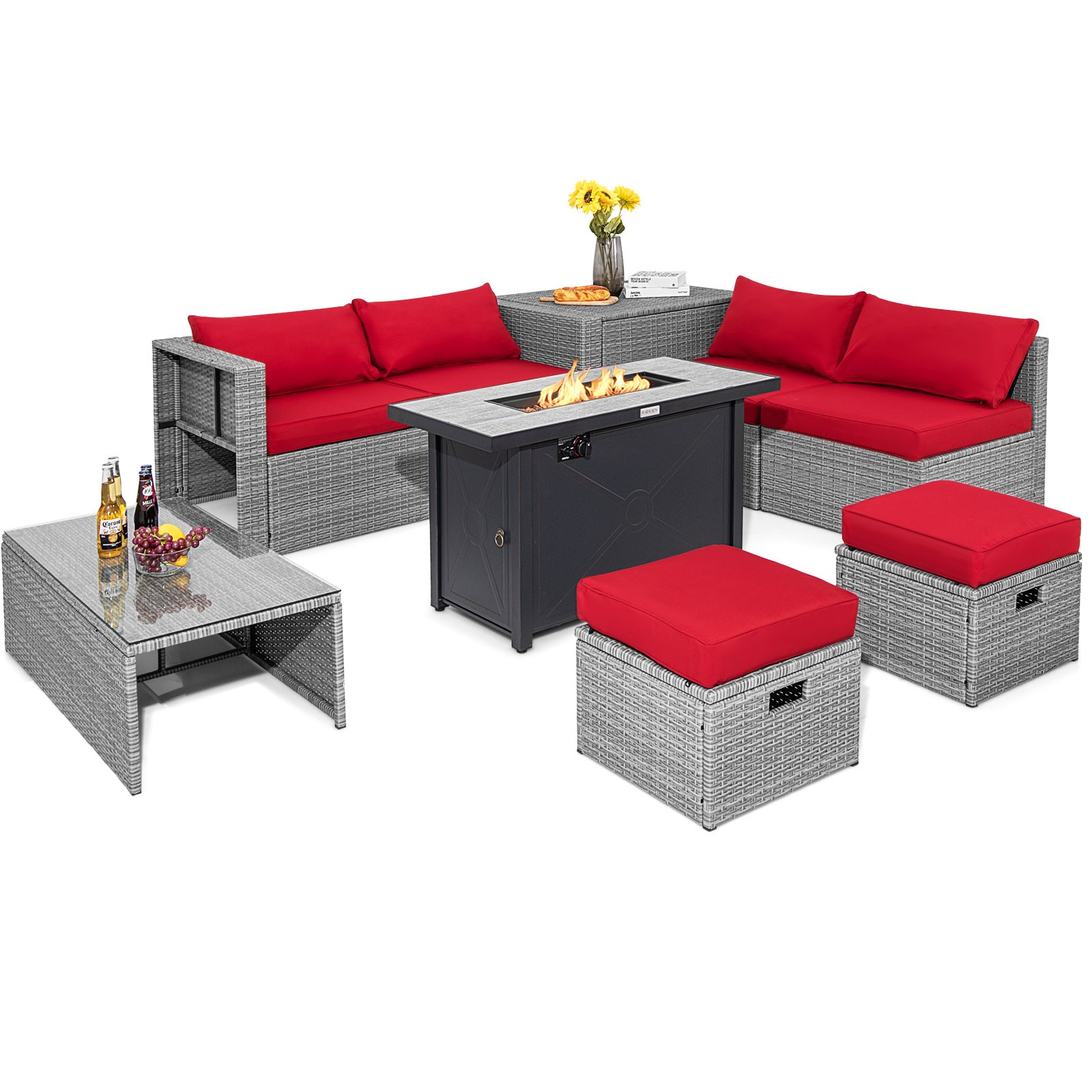 9 PCS Patio Rattan Furniture Set 42" Fire Pit Table Cover Storage Box Red