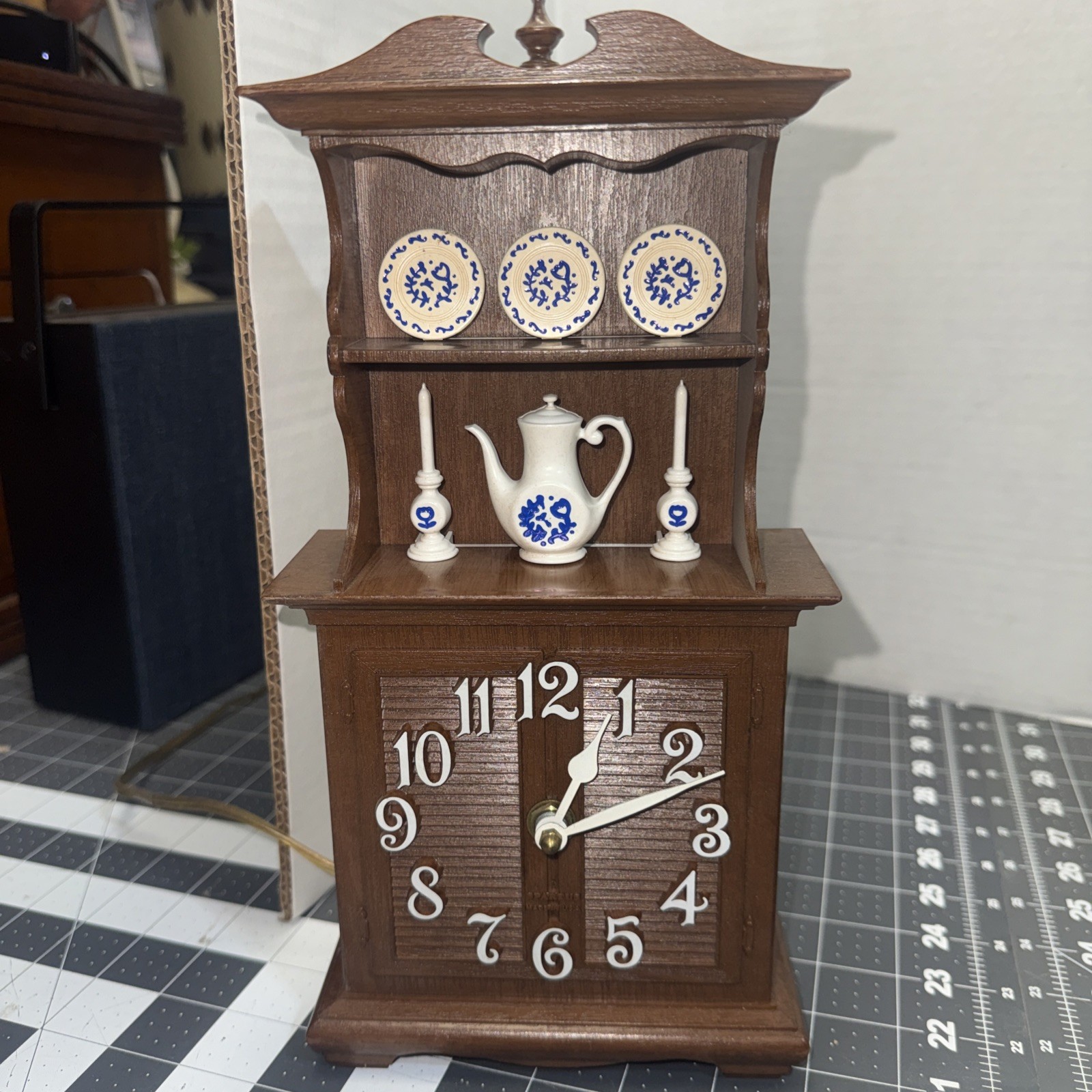 Vtg MCM Spartus Electric Wall / Counter Clock Faux Wood Hutch China Cabinet NOS