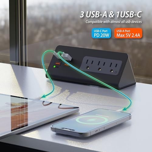 Upgraded Version Edge Mount Power Strip with USB-C Ports Tabletop Black - 1pack
