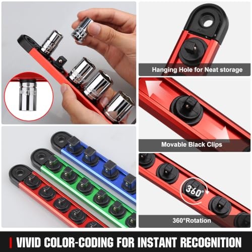 Magnetic Socket Organizer Set | 1/4" 3/8" 1/2" Socket Rail with 120 Clips |