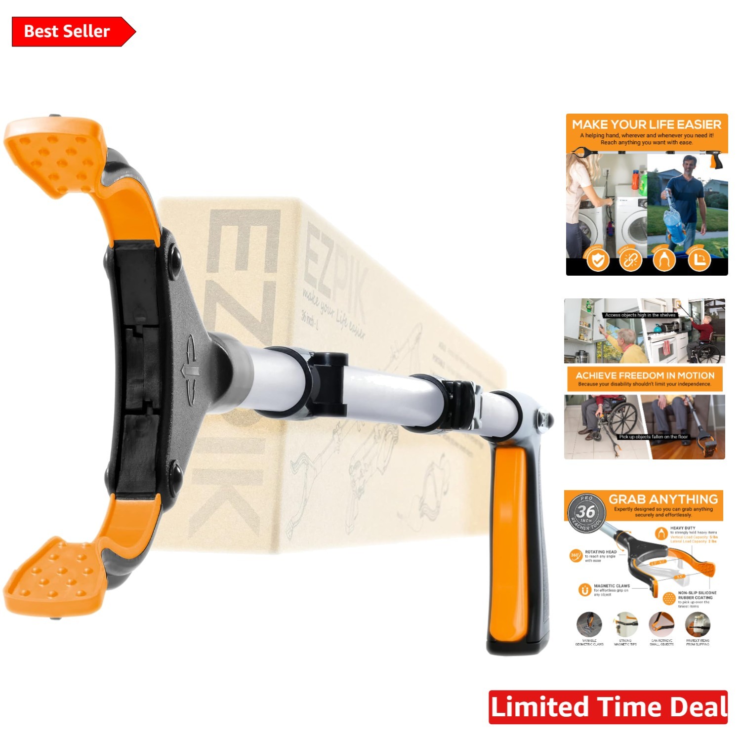 Flexible 36-Inch Reaching Tool with Rotating Jaw - Ideal for Seniors & Disabled