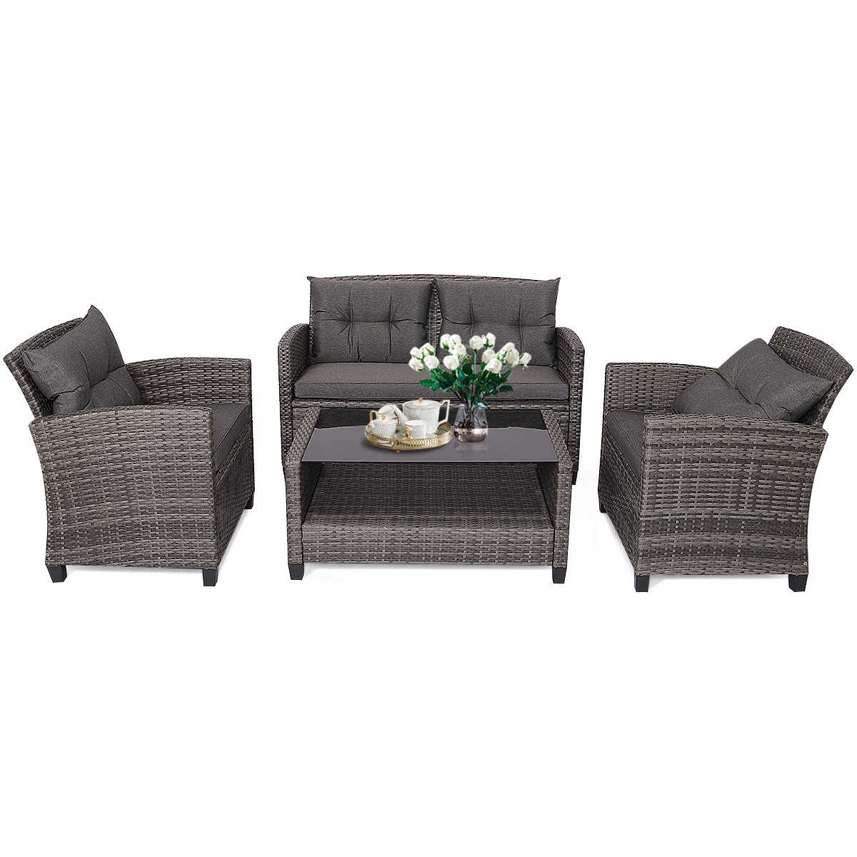 Topbuy 4 PCS Outdoor Patio Furniture Set Rattan Wicker Sofa Set W/ Coffee Table