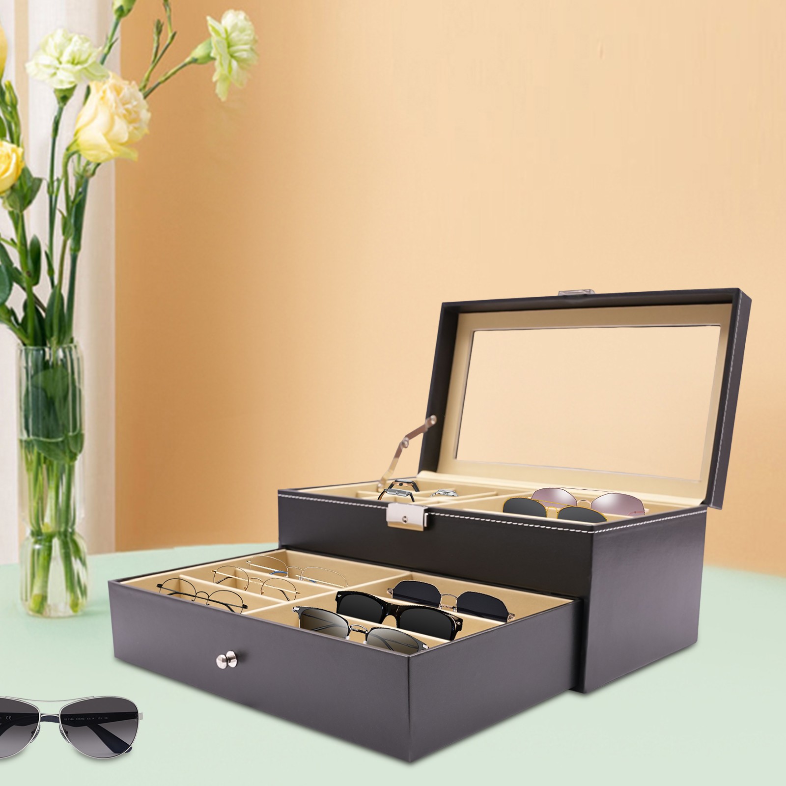 Watch Box PU Case Organizer 6 Slots Sunglasses Drawer Storage And Display CaseUS
