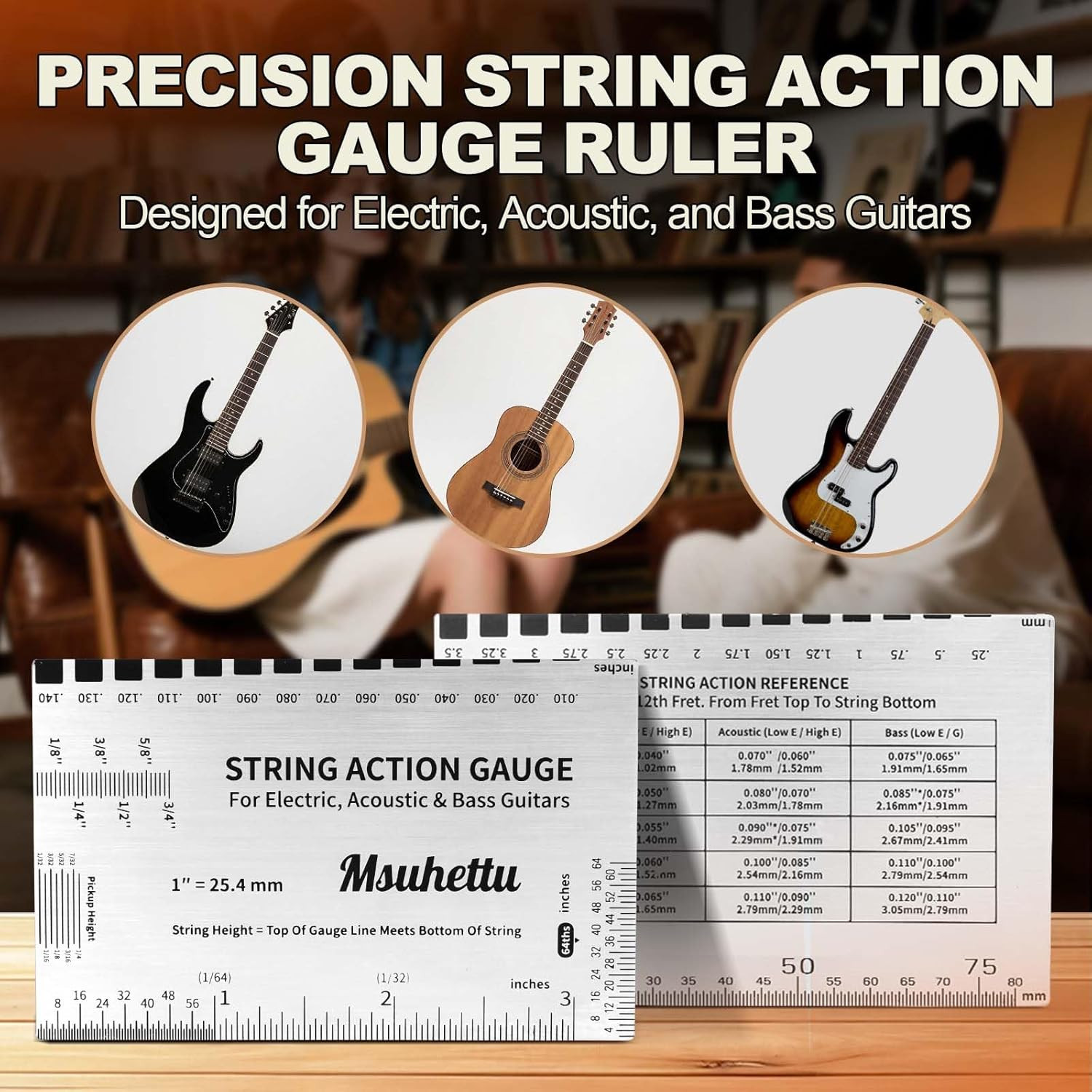 String Action Gauge Ruler, Upgraded Guitar String Height Gauge with Inch & Metri