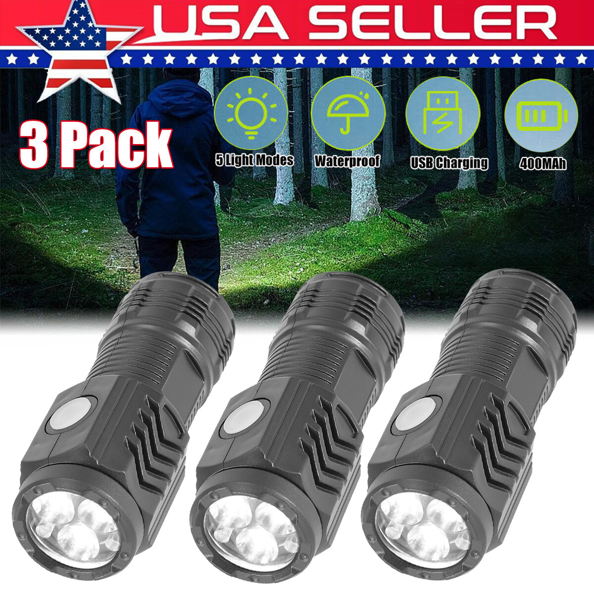 3 X Mini LED Flashlight Type C USB Rechargeable Bright Torch Work Light 5 Modes