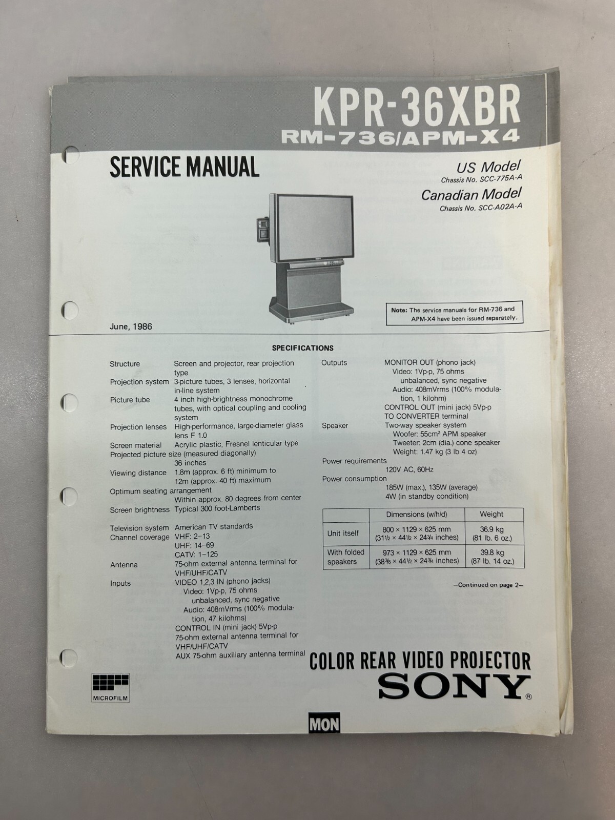 Sony KPR-36XBR Original Service Manual Free Shipping