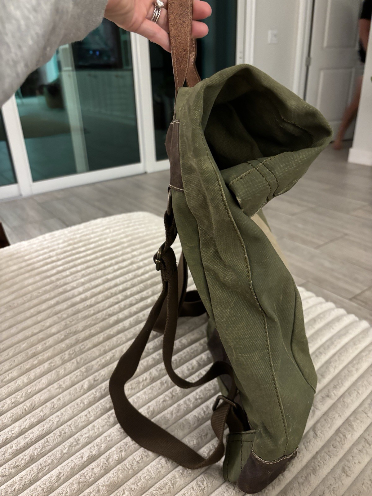 B Mona Waxed Canvas Backpack Olive Green Leather Trim Travel Hiking Bag New