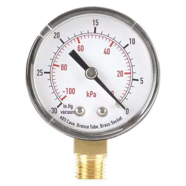 Vacuum Gauge, Commercial, 30 to 0 in Hg, 2 in , 1/4 in NPT Male, Bottom, Plastic