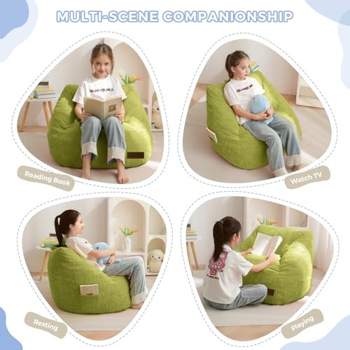 Kids Bean Bag Chair, Bean Bag Couch with Handle, Comfy Toddler Standard Green