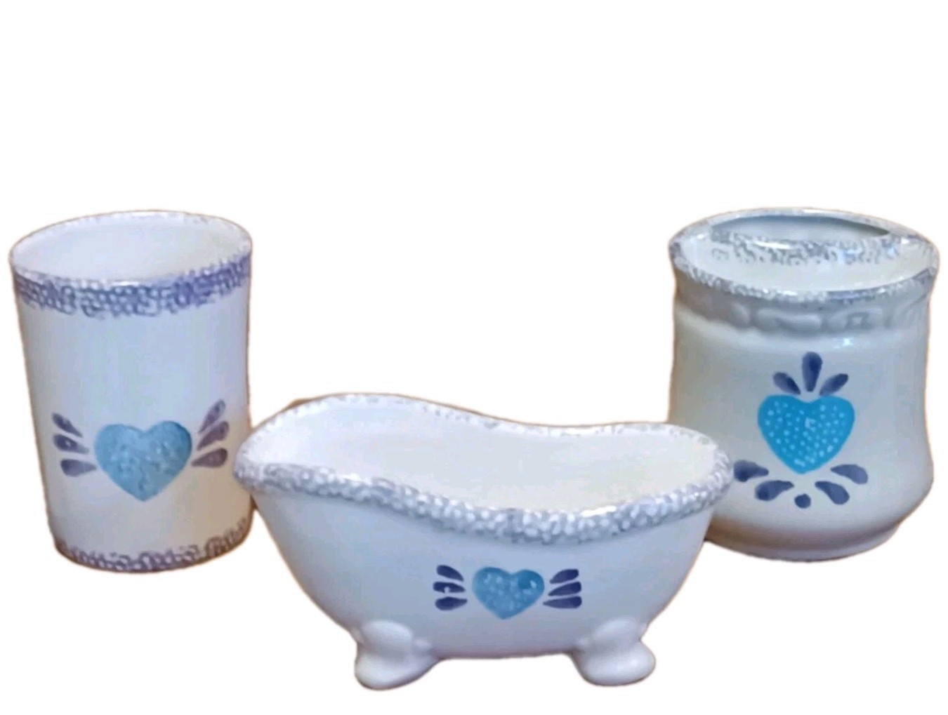 Jay Import Stoneware Blue Heart Bath Set Soap Holder Toothbrush Holder And Glass