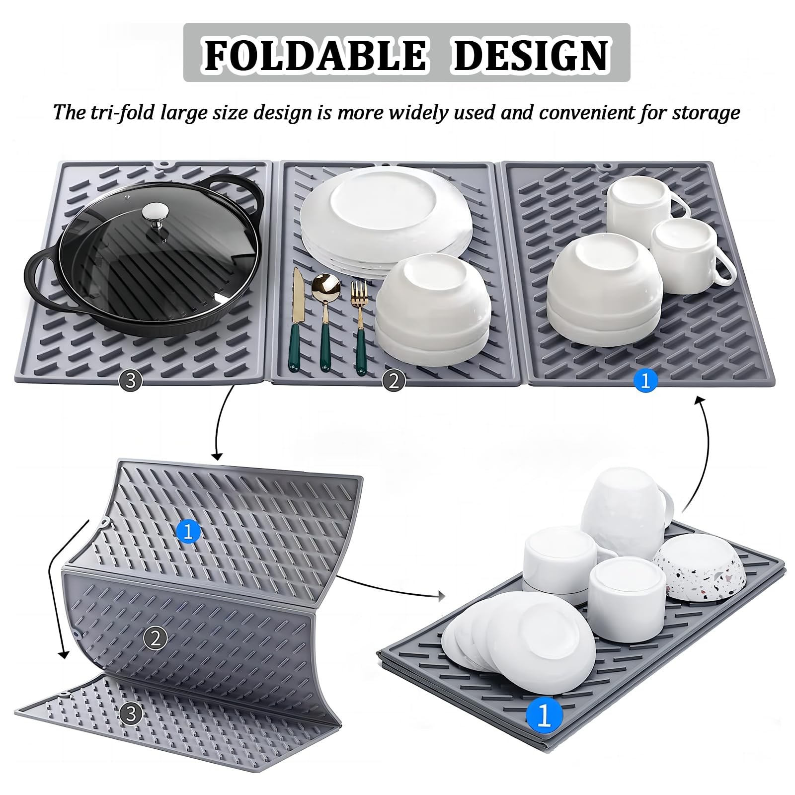 Silicone Dish Drying Mat for Kitchen Counter, Collapsible Trifold Large Dish ...
