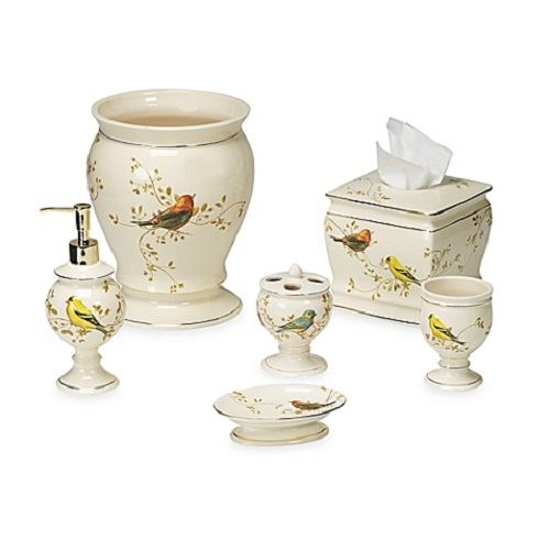 Avanti Linens Gilded Birds 6 Piece Ivory Ceramic Bath Accessory Set with Gold