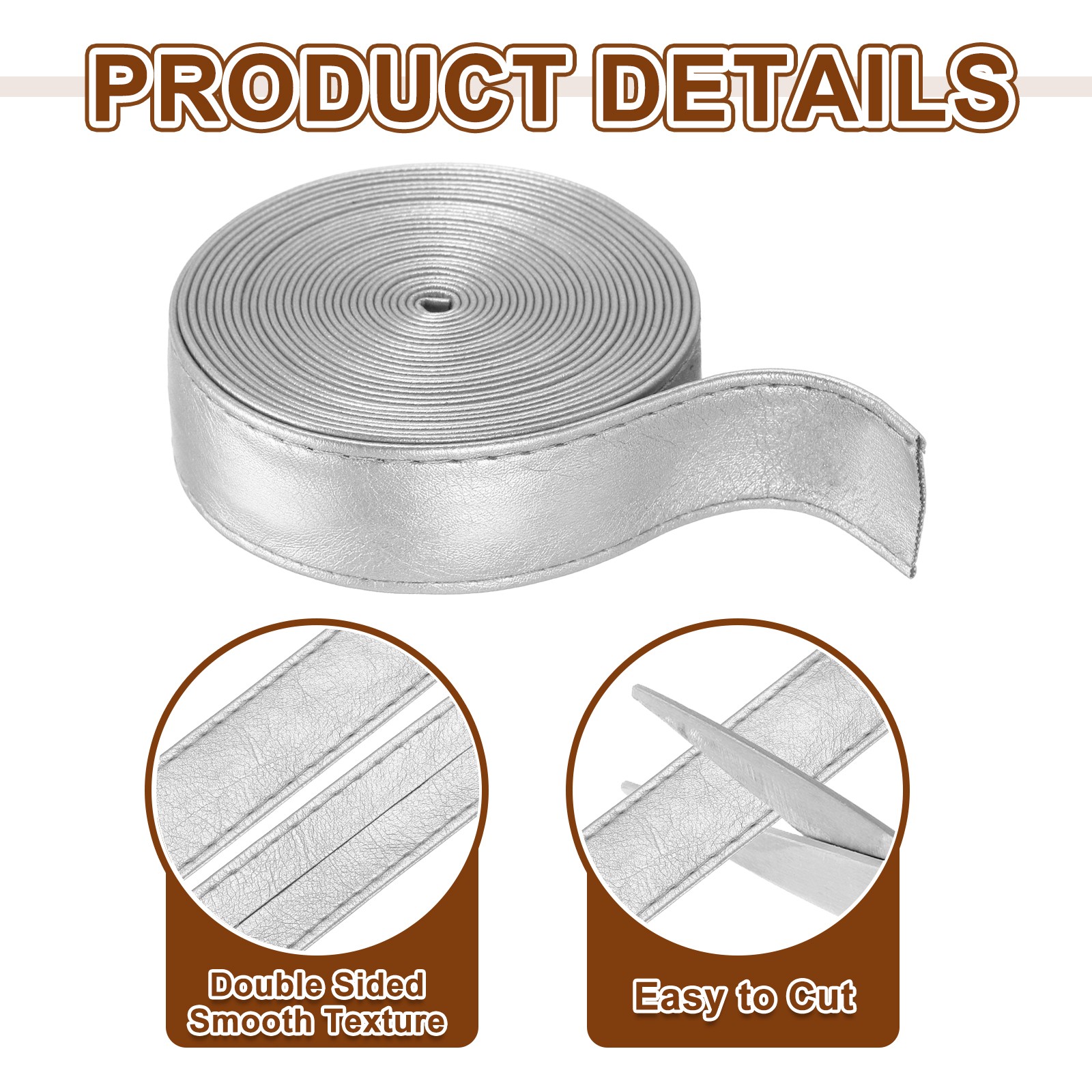 3.3Yard/3m Double Sided PU Leather Strap, 0.79" Wide Flat Strips, Silver