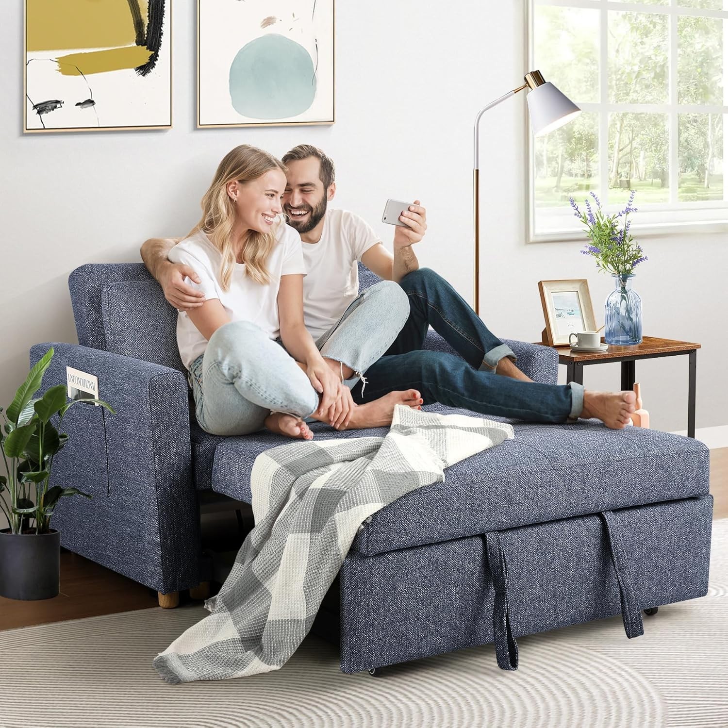 Convertible Sofa Bed Sleeper w/Pull-Out Bed Linen Fabric Loveseat for Living Roo