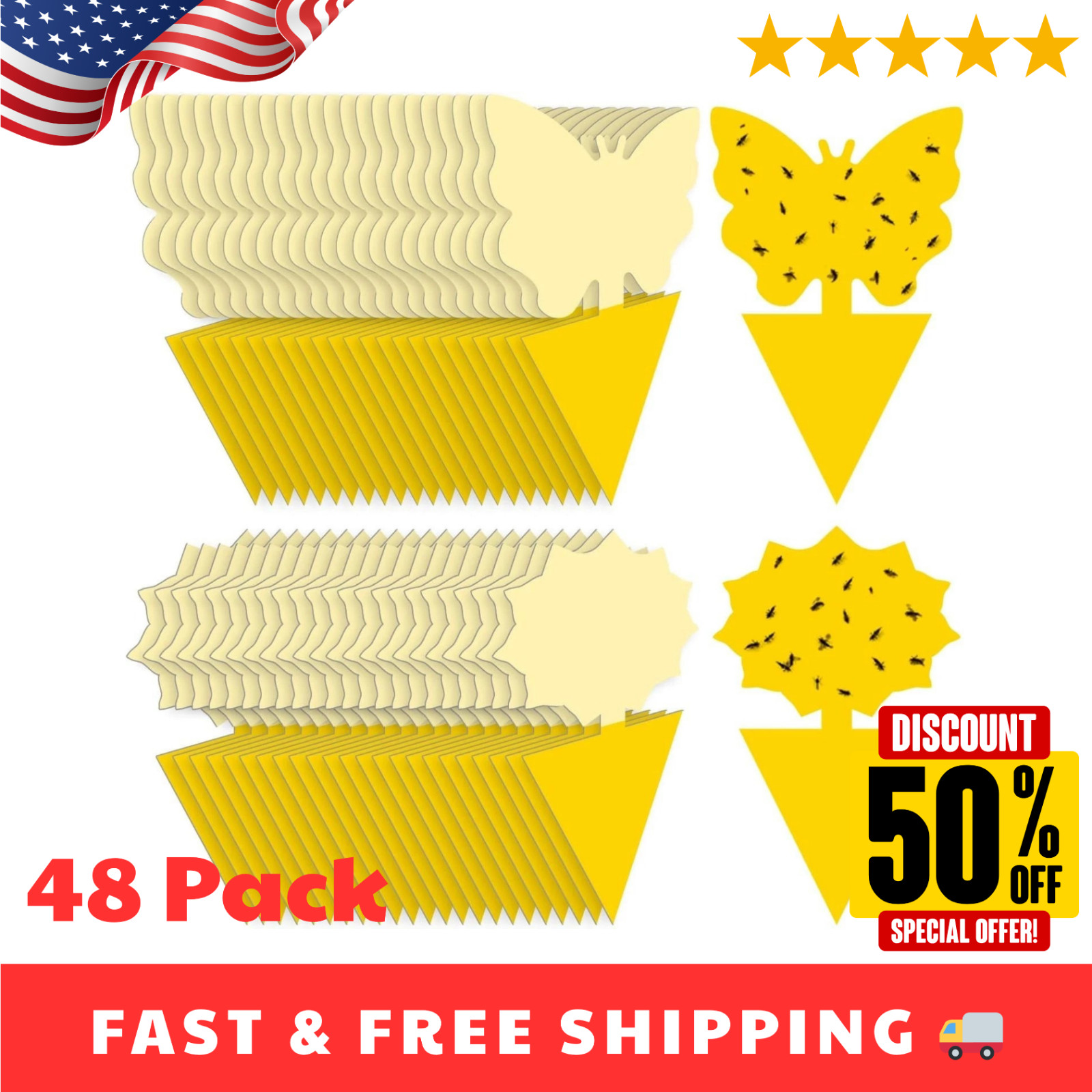 48PCS Yellow Sticky Fruit Fly Traps for Plants, Fungus Gnat Killer In/Outdoor