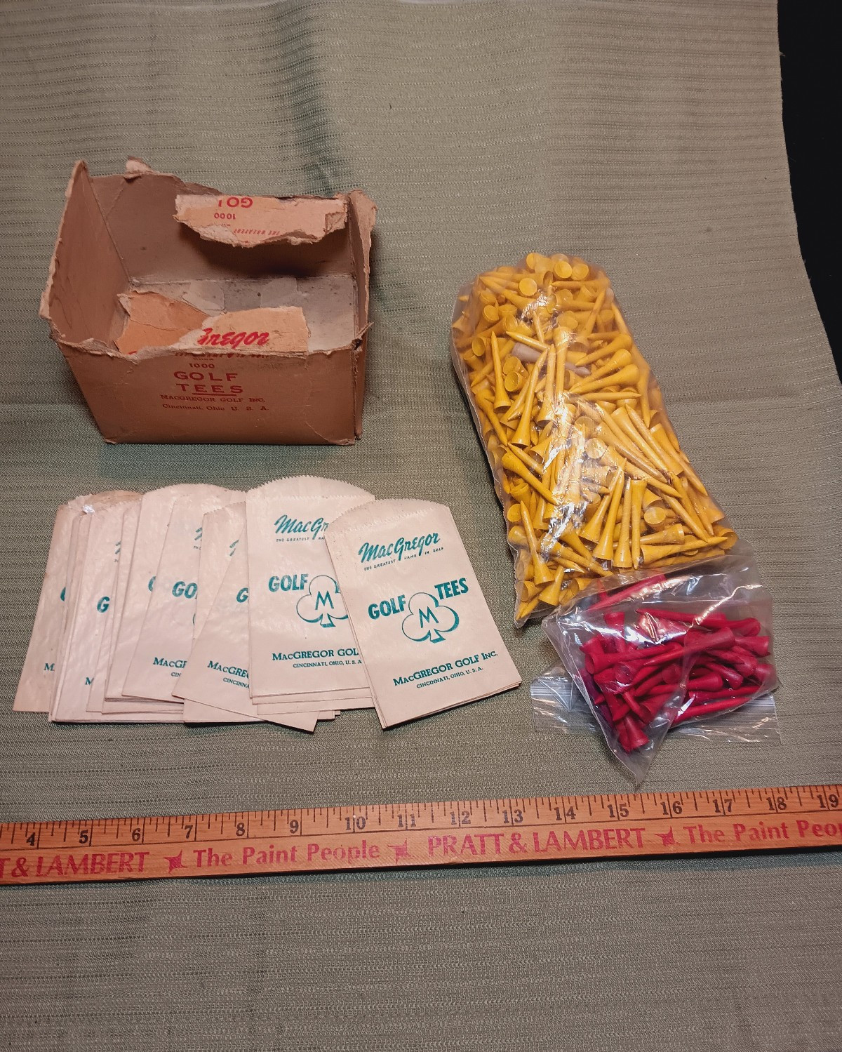 Vintage Lot of MacGregor Golf Tee Bags and Wood Tees - New Old Stock Yellow Red